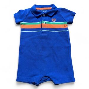 Chaos Blue Polo Romper with Orange, Green, & White Stripes 3 Month 100% Cotton